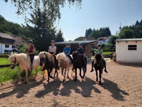 Kindergruppe beim Reitunterricht auf Islandpferden in der Reitbahn des Gestüts Nahetal